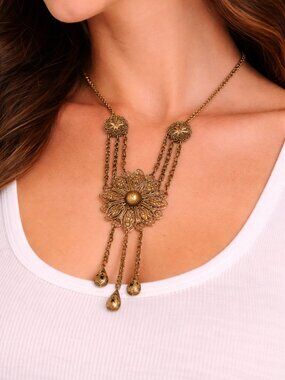 Vintage Style Filigree Necklace Boho Floral Medallion Statement Necklace Antique